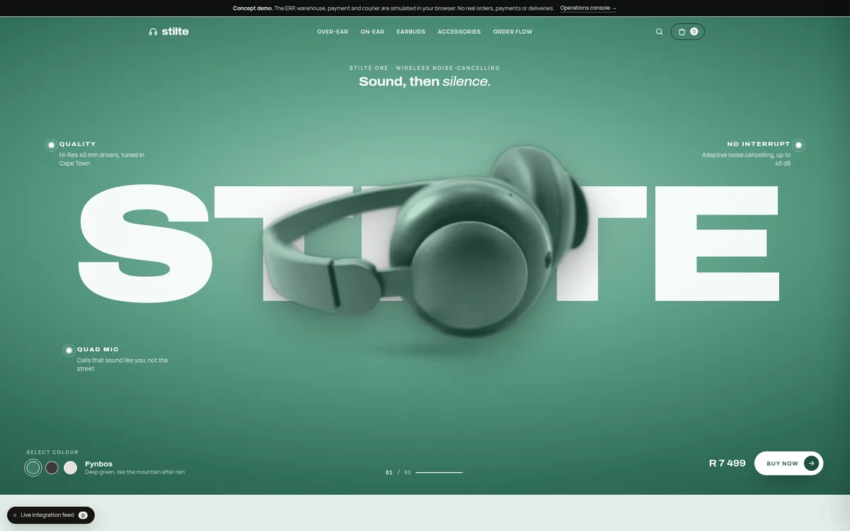 STILTE concept store home page on a laptop